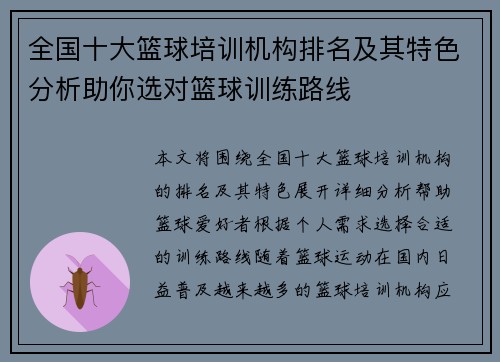 全国十大篮球培训机构排名及其特色分析助你选对篮球训练路线